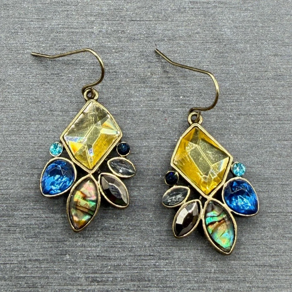 Multicolor Rhinestone Abalone Look Gold Tone Dangle Earrings Boho Statement